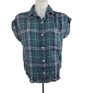 Cloth & Stone Womens Plaid Short Sleeve Collared Button Shirt Blue Green Size XS